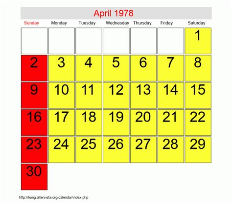 Calendar For April 1978